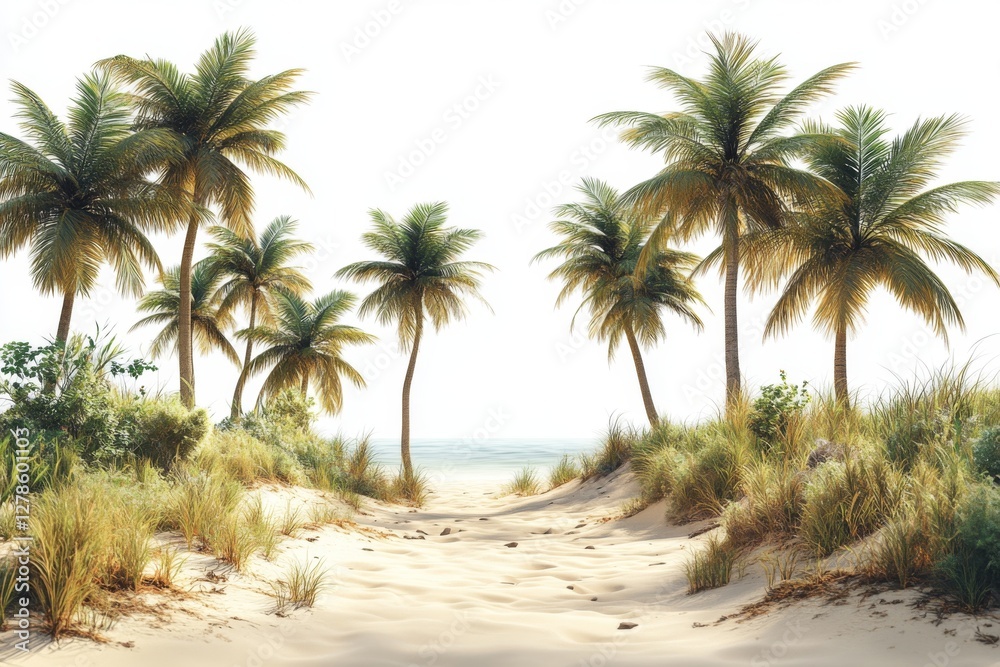 Idyllic Tropical Beach Scene Palm Trees Sandy Path Ocean View Idyllic Tropical Beach Scene Palm Trees Sandy Path Ocean View