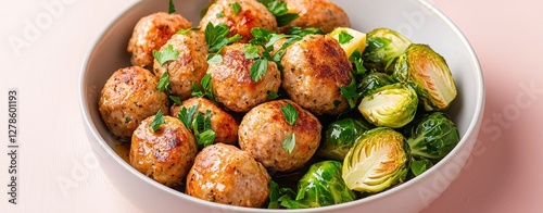 Air fryer recipes quick Delicious meatballs served with sautéed Brussels sprouts in a stylish bowl.