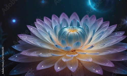 A stylized flower with bi-colored petals, sparkling highlights, and a subtle light center glows against a dark, slightly abstract background speckled with starlight and hints of a crescent shape