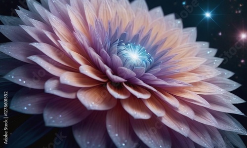 A radiant, stylized flower with multi-toned petals accented with sparkling highlights and a captivating blue-purple-green center glows against a dark starry sky