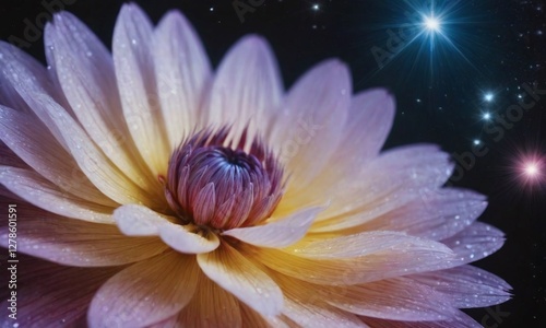 A radiant, stylized flower with vibrant multi-colored petals and a captivating blue-purple center glows against a dark, speckled background with distant starlight points