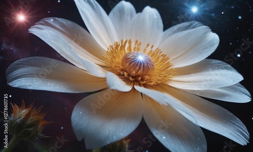 A stylized white lotus with a glowing crystalline core, digitally illustrated against a surreal deep space backdrop of stars and nebulae, creates a dreamlike, mystical composition