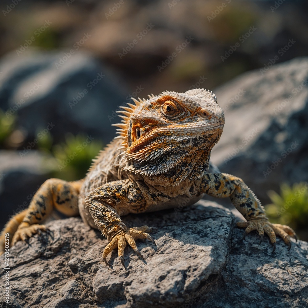Obraz premium A bearded dragon lizard on a rock, sharp textures, transparent background.