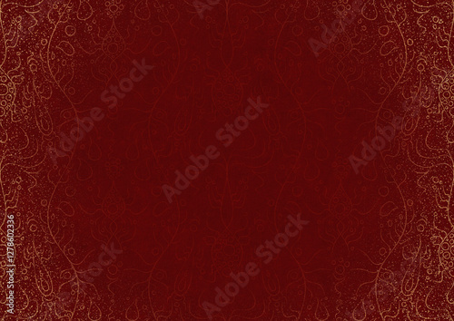 Hand-drawn unique abstract ornament. Light red on a deep red background, with vignette of same pattern and splatters in golden glitter. Paper texture. Digital artwork, A4. (pattern: p13-1b)