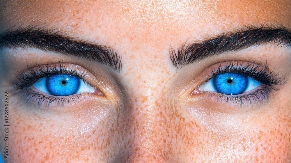 Obraz premium Brightly lit close-up features a young woman showcasing mesmerizing blue eyes and charming freckles. Her gaze is intense, highlighting her youthful beauty in a natural setting