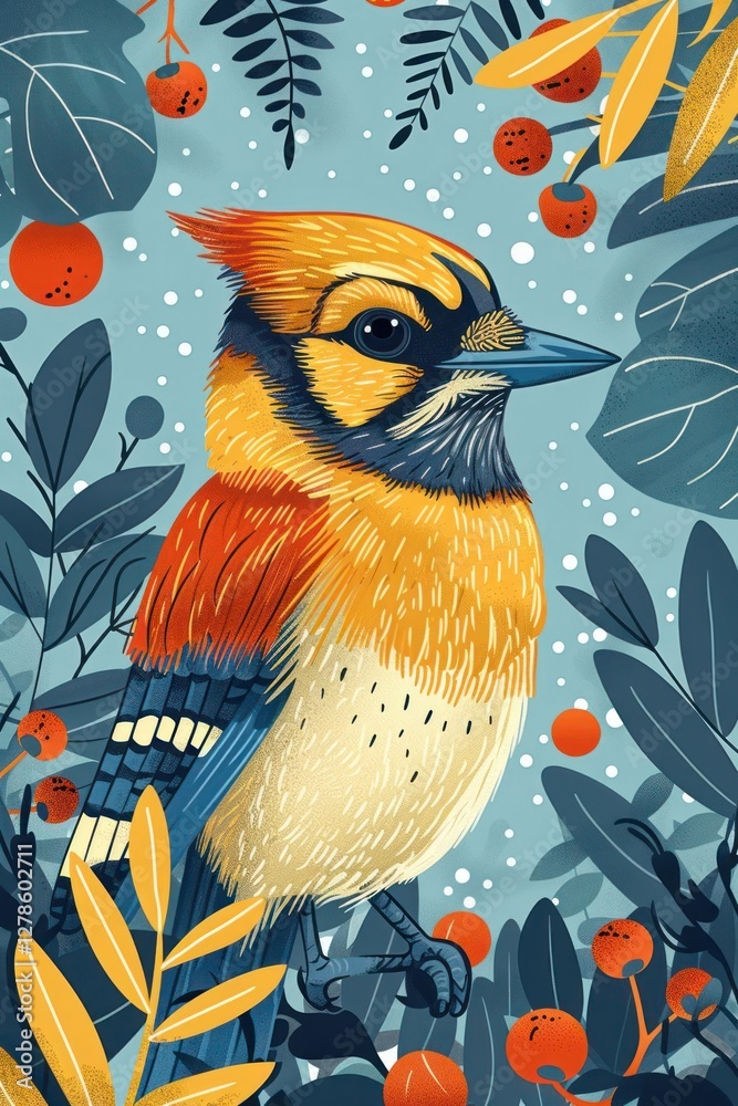 Obraz premium A vibrant illustration of a colorful bird surrounded by foliage and berries.