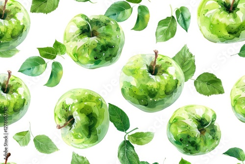 Watercolor painting of green apples and leaves