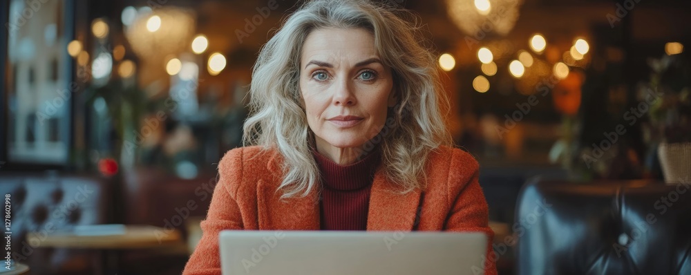 Obraz premium Middle-aged businesswoman, online study taking notes on laptop at cafe - woman planning work projects, e-learning concept