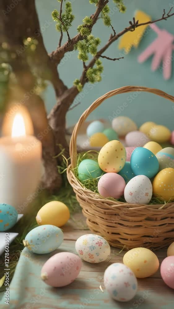 easter egg in basket for holiday backdrop , vertical video easter egg in basket for holiday backdrop , vertical video