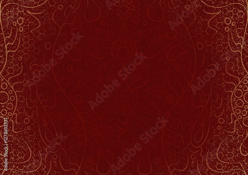 Hand-drawn unique abstract ornament. Light red on a deep red background, with vignette of same pattern and splatters in golden glitter. Paper texture. Digital artwork, A4. (pattern: p13-2a)