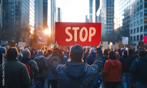 Crowd of protesters with a bold Stop Corruption sign, rallying on urban streets for political integrity, governance reform, and anti corruption