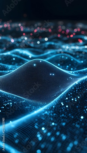 Futuristic landscape of blue digital waves and bokeh lights