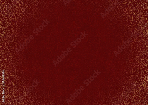 Hand-drawn unique abstract ornament. Light red on a deep red background, with vignette of same pattern and splatters in golden glitter. Paper texture. Digital artwork, A4. (pattern: p13-2b)