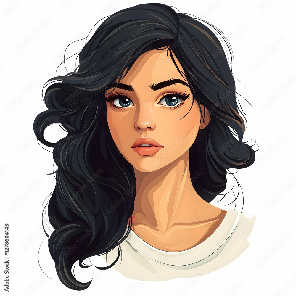Captivating portrait of a young woman with flowing black hair and striking blue eyes exuding a sense of confidence and charm in a stylish casual outfit. Generative AI Captivating portrait of a young woman with flowing black hair and striking blue eyes exuding a sense of confidence and charm in a stylish casual outfit. Generative AI