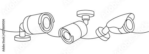 CCTV cameras one line continuous drawing. Outdoor security system. Vector illustration.