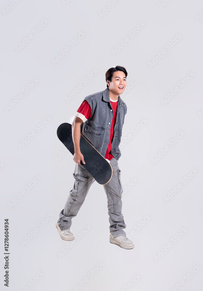 Portrait of asian man playing skateboard on white background Portrait of asian man playing skateboard on white background