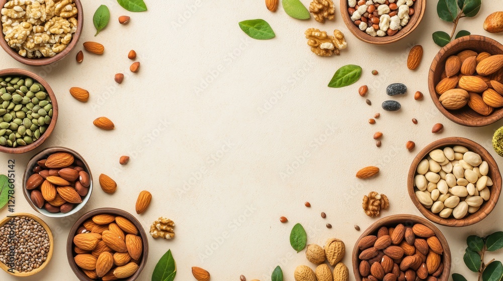 Well-Structured Flat Design Mockup Featuring Assorted Nuts and Seeds Well-Structured Flat Design Mockup Featuring Assorted Nuts and Seeds