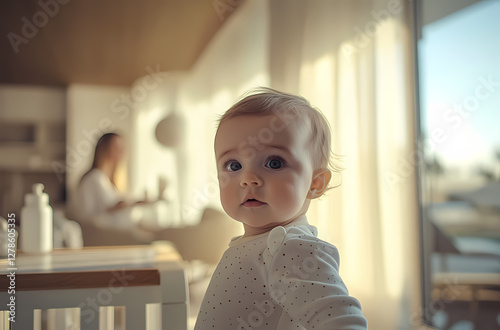 A Baby's Curious Gaze: A captivating portrait of a baby, lit by soft sunlight, gazing directly at the viewer with a look of innocent wonder, capturing a serene domestic scene.