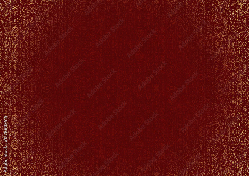 Fototapeta premium Hand-drawn unique abstract ornament. Light red on a deep red background, with vignette of same pattern and splatters in golden glitter. Paper texture. Digital artwork, A4. (pattern: p14b)