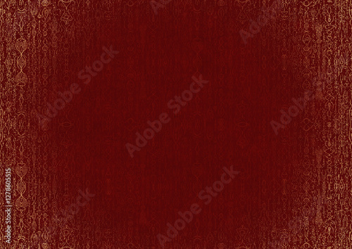 Hand-drawn unique abstract ornament. Light red on a deep red background, with vignette of same pattern and splatters in golden glitter. Paper texture. Digital artwork, A4. (pattern: p14b)