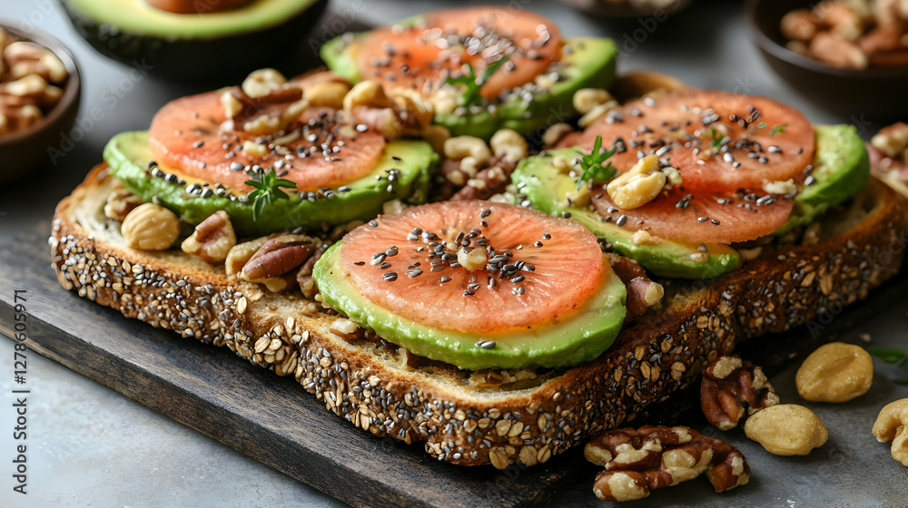 Toasted Whole Wheat Bread Topped with Avocado Grapefruit and Nuts Close Up Toasted Whole Wheat Bread Topped with Avocado Grapefruit and Nuts Close Up