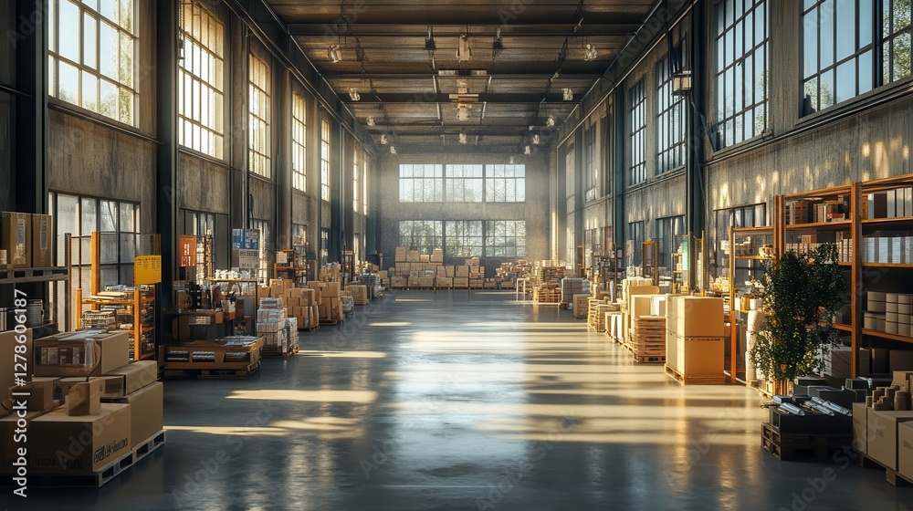 A spacious and well-lit warehouse filled with boxes and shelves, showcasing an organized storage environment. A spacious and well-lit warehouse filled with boxes and shelves, showcasing an organized storage environment.