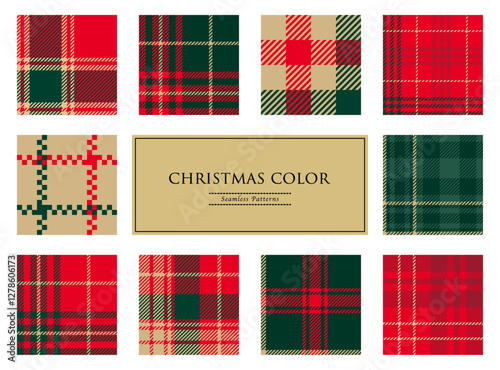 Christmas color tartan checkered patterns , red and green, gold, Seamless and vector backgrounds/伝統的なクリスマスカラーのチェック柄のパターンセット
