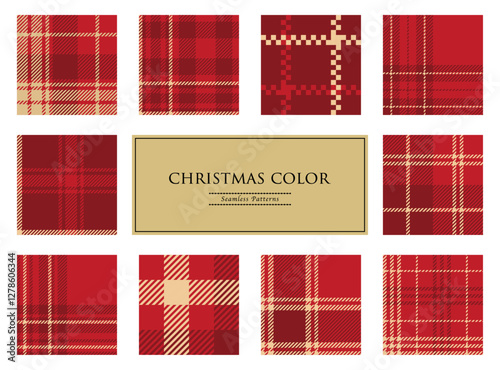 Christmas red plaid backgrounds set, Tartan check pattern, seamless vector backgrounds/赤×ゴールド（金色）のクリスマスチェック柄のパターンセット