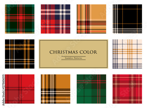 Traditional Christmas checkered patterns, Seamless vector plaid patterns, Red, Green and black colors/伝統的なクリスマスカラーのチェックパターンのセット