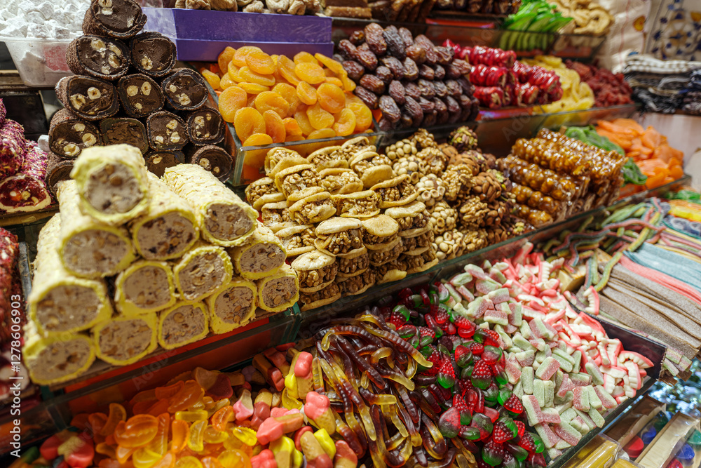 Obraz premium Rolled Turkish delights on sale at Istanbul's Grand Bazaar