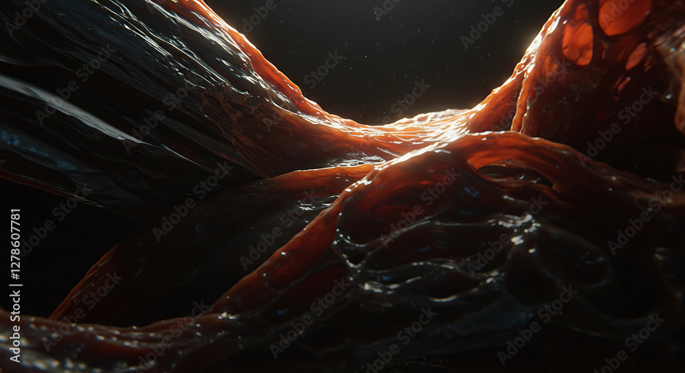 Fototapeta premium Organic Abyss: Textural Depths of Crimson and Black - A Macro View of Fluid Forms with Glistening Highlights, Evoking a Sense of Raw, Visceral Power and Enigmatic Beauty