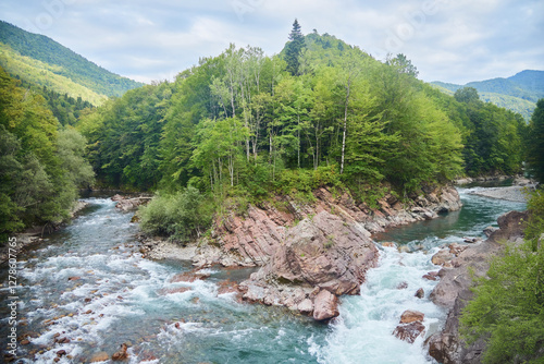 The confluence of two stormy mountain rivers. Caucasian Biosphere Reserve