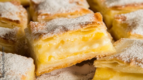 Close-up of Delicious Golden Pastry Squares with Sweet Creamy Filling