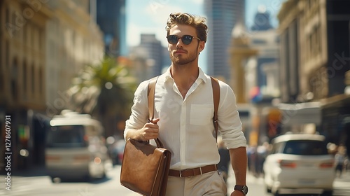 Fototapeta Naklejka Na Ścianę i Meble -  Man walking city street bag