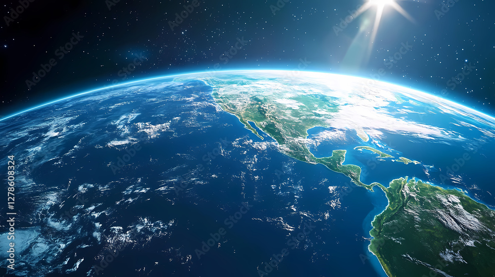 Obraz premium Earth from Space: A Serene Blue and Green Orb with a Bright Sun