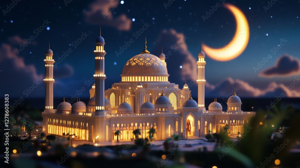 Obraz premium Illuminated Mosque at Night under Crescent Moon