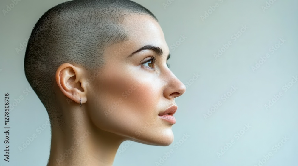 Fototapeta premium A woman stands confidently with her shaved head displayed prominently. Her profile reveals delicate facial features, set against a softly lit background