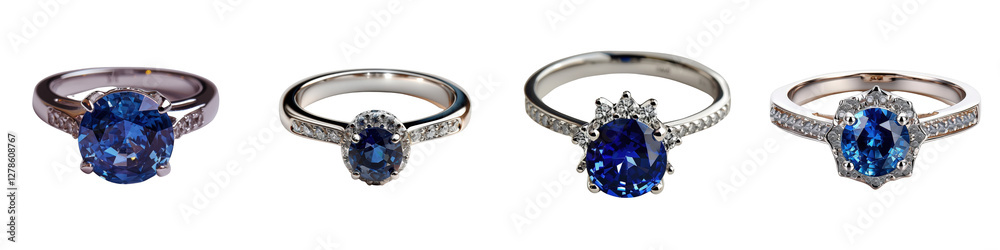 Exquisite Sapphire Engagement Rings Displayed on White Background with Unique Designs and Sparkling Details Exquisite Sapphire Engagement Rings Displayed on White Background with Unique Designs and Sparkling Details