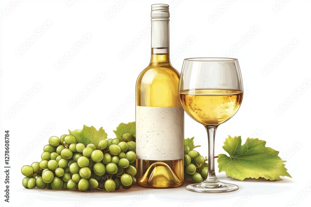 Obraz premium White Wine Bottle Glass and Grapes Fresh Crisp and Ready to Serve