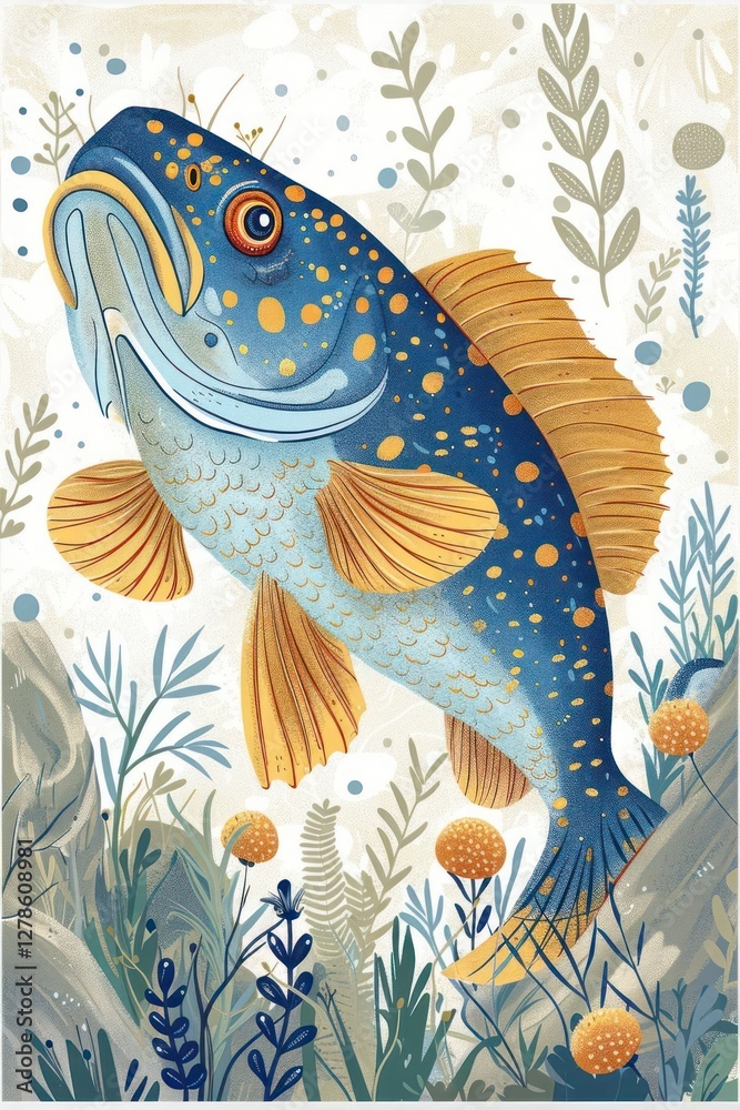 Naklejka premium A colorful illustration of a fish surrounded by aquatic plants and bubbles.