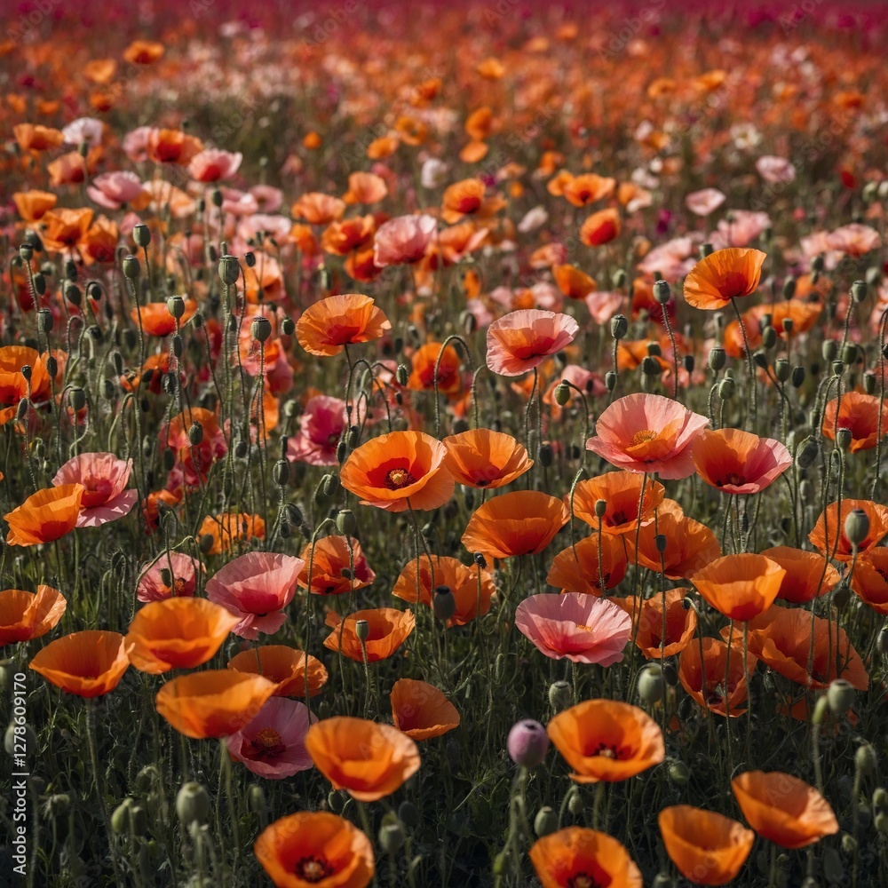 Obraz premium A vivid field of wild poppies in red, orange, and pink, a celebration of nature’s colors, transparent background.