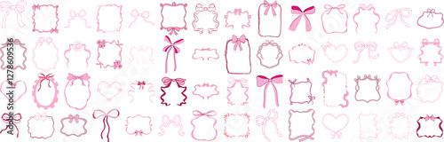 Set of frames with coquette pretty charming bows, hearts, cherry berry, stars. Hand drawn trendy ribbons border. Vintage elements for greeting cards, wedding, invitations, social media 
