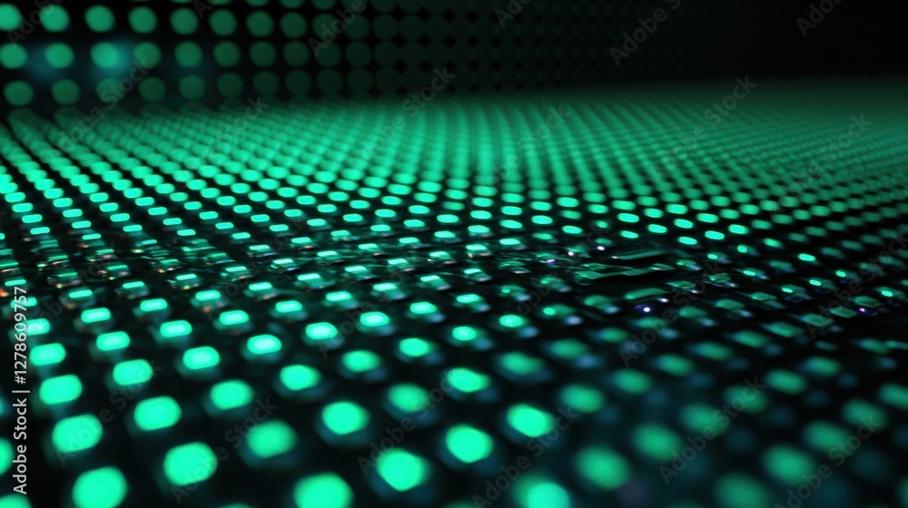 Fototapeta premium Bright green illuminated dots create a mesmerizing visual pattern on a dark surface in a modern setting during nighttime