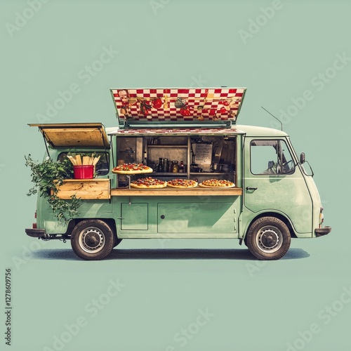 Vintage Green Pizza Food Truck Street Food Italian Cuisine Delicious Pizzas Open Counter