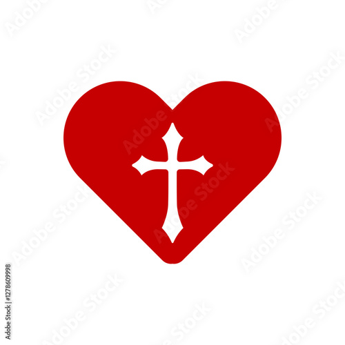 Christian cross inside in the heart template. Vector sign illustration 