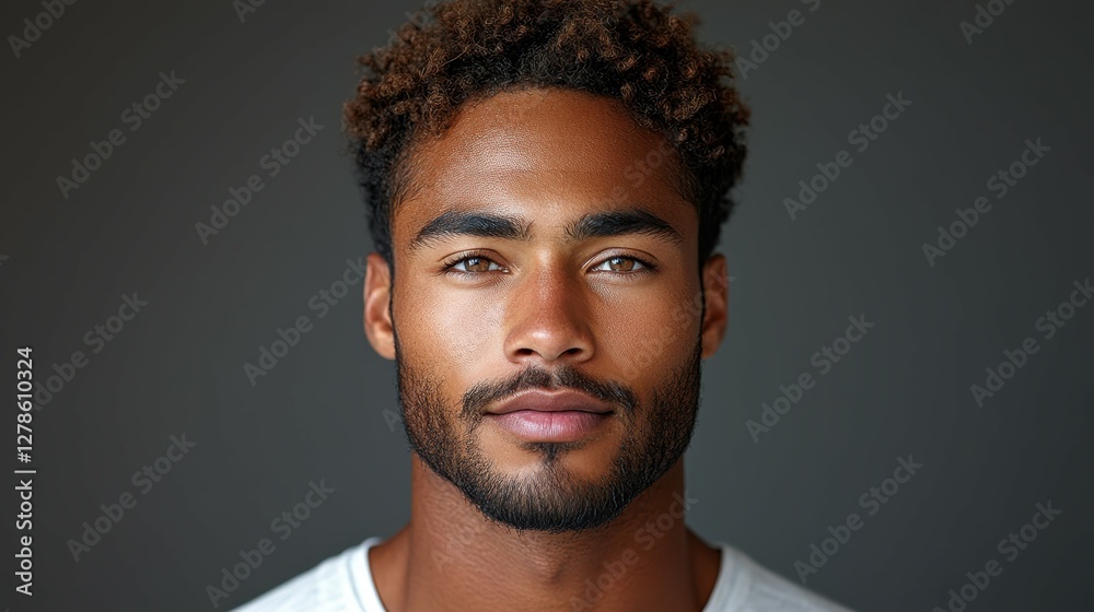 Obraz premium The young man gazes directly at the viewer with an intense expression, showcasing his curly hair and striking blue-grey eyes, enhancing the captivating mood of the moment