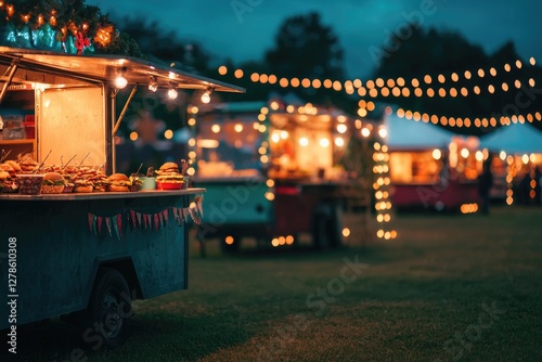 Delicious Burgers at Night Food Truck Festival with String Lights
