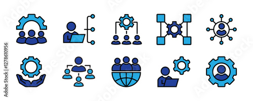 set of human resource organization management with gear setting icon set teamwork structure hierarchy leadership diagram employee network symbol illustration