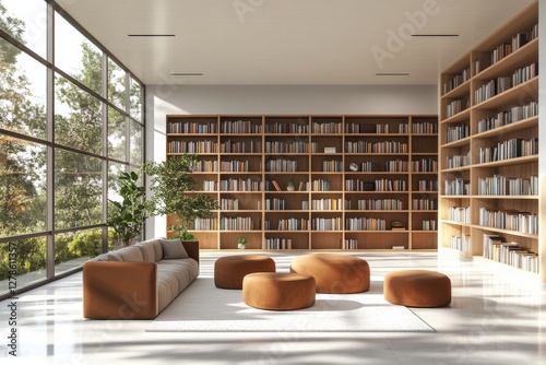 Modern Library Interior Design Spacious Room with Large Bookshelves Comfortable Sofa Ottomans