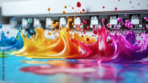 Colorful ink splashes from a printer.
